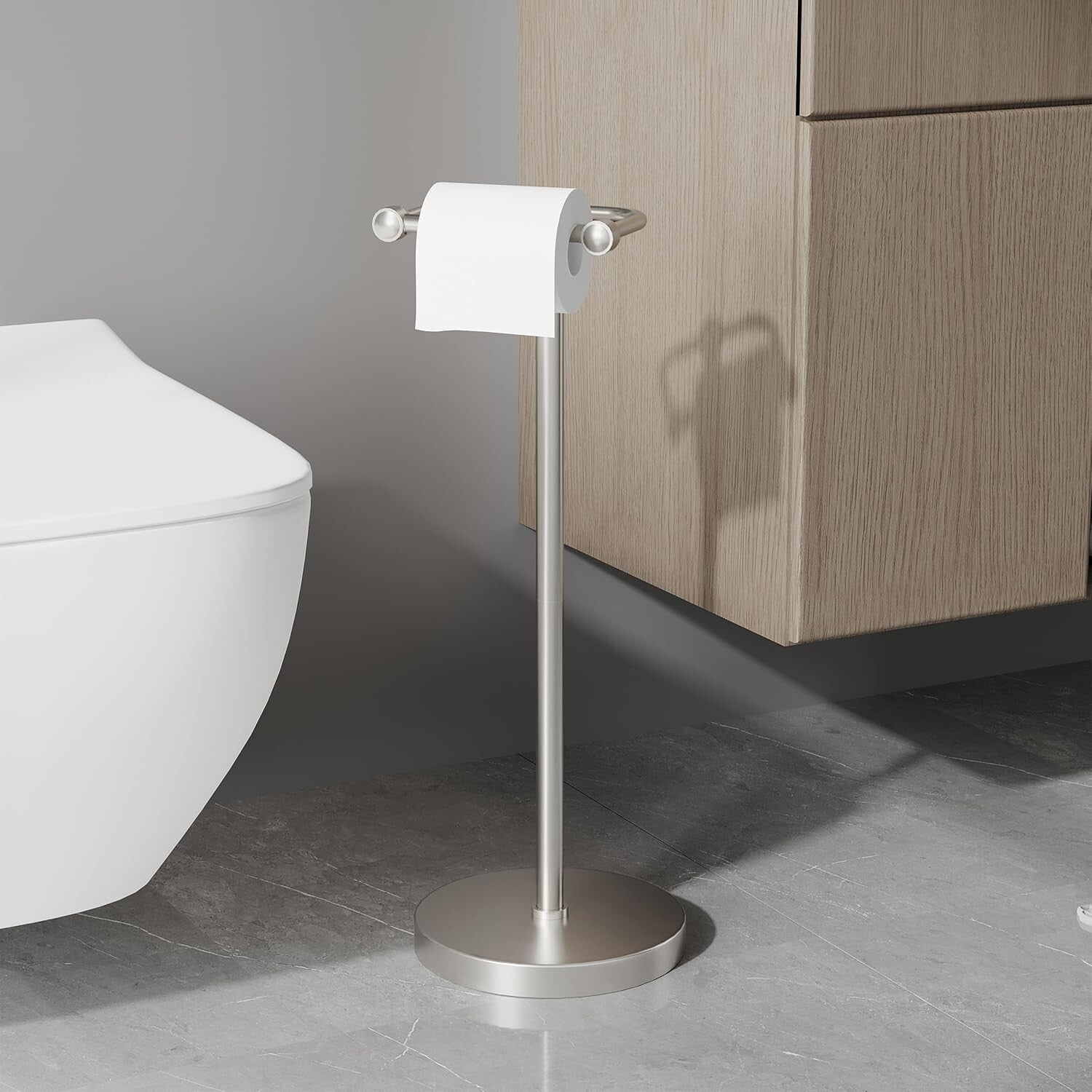Floor Standing Toilet Paper Holder – Pivoting Stainless Steel with Stable Base