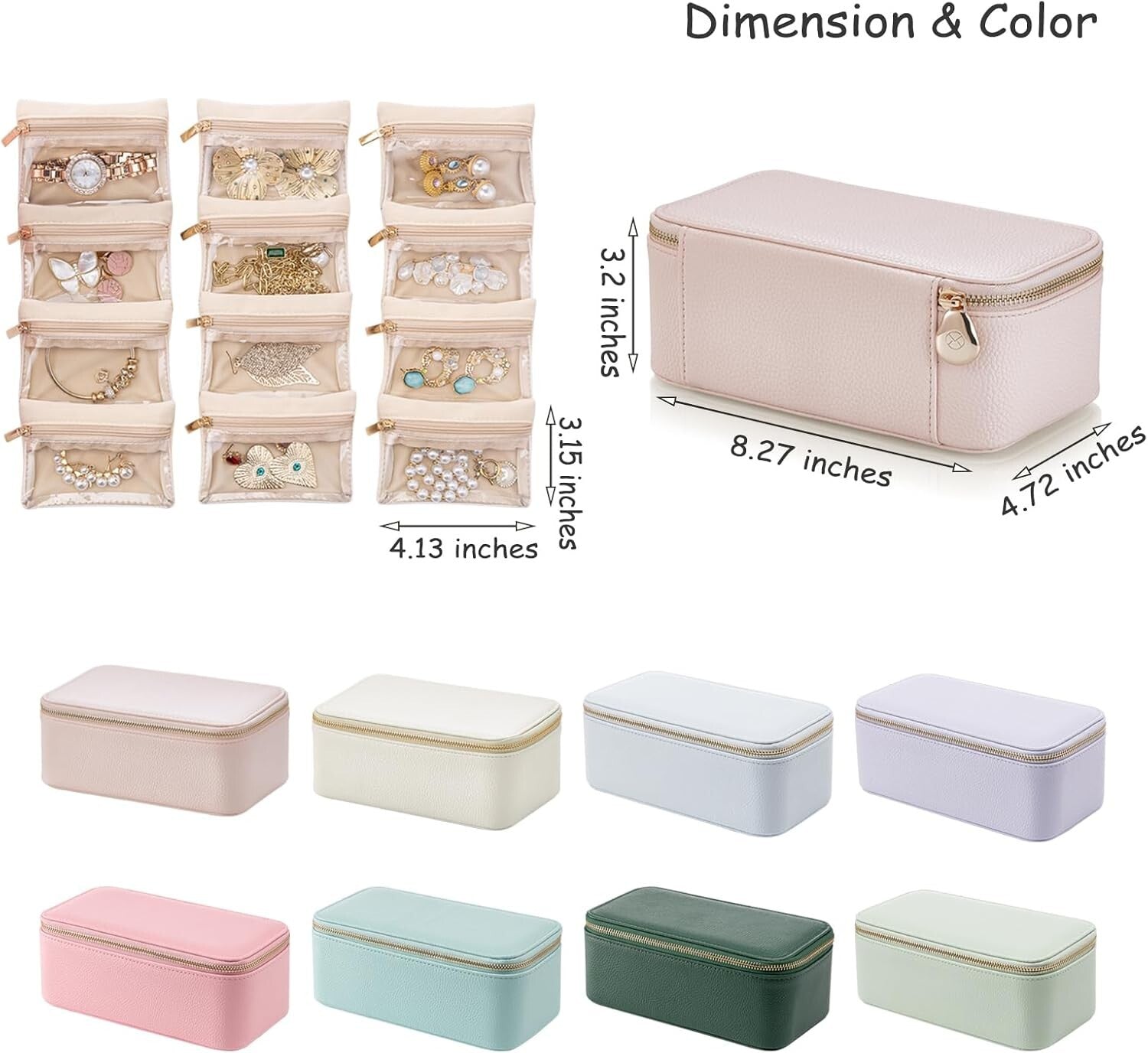 Faux Leather Travel Jewelry Box - 12 Convenient Zipped Pouches for All Jewelry