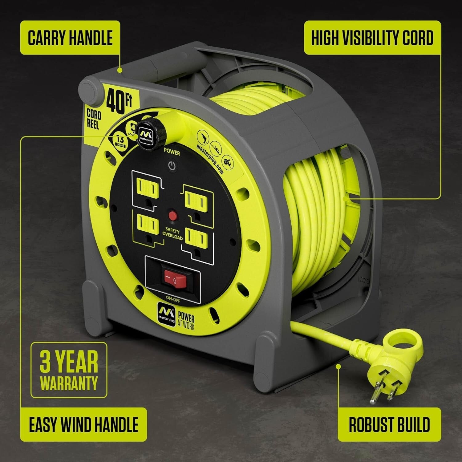 Portable 40ft Case Cord Reel with Safety Breaker and Manual Power Switch