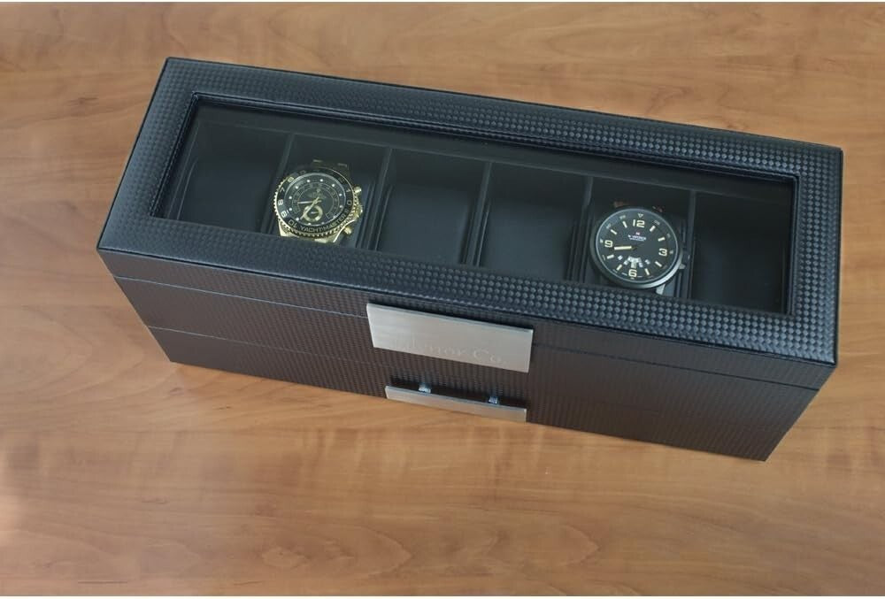 Stunning 6 Slot Men's Watch Organizer with Valet Drawer & Faux Leather Interior