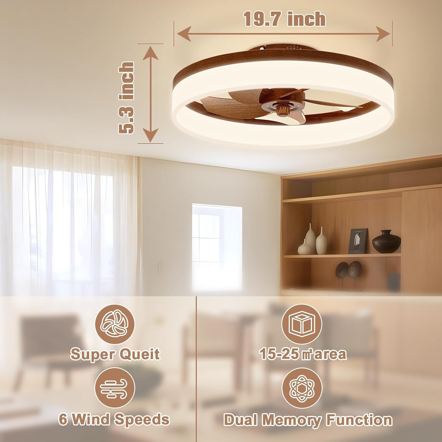 Stylish 19.7in Walnut Farmhouse Ceiling Fan with Dimmable LED Lights & Remote