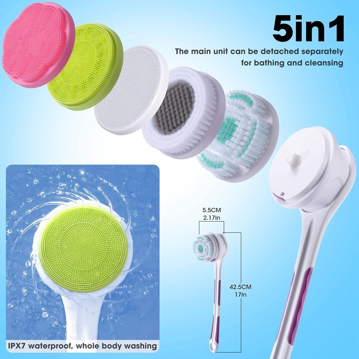 5-in-1 Rechargeable Electric Body Brush - Long Handle Exfoliating Scrubber