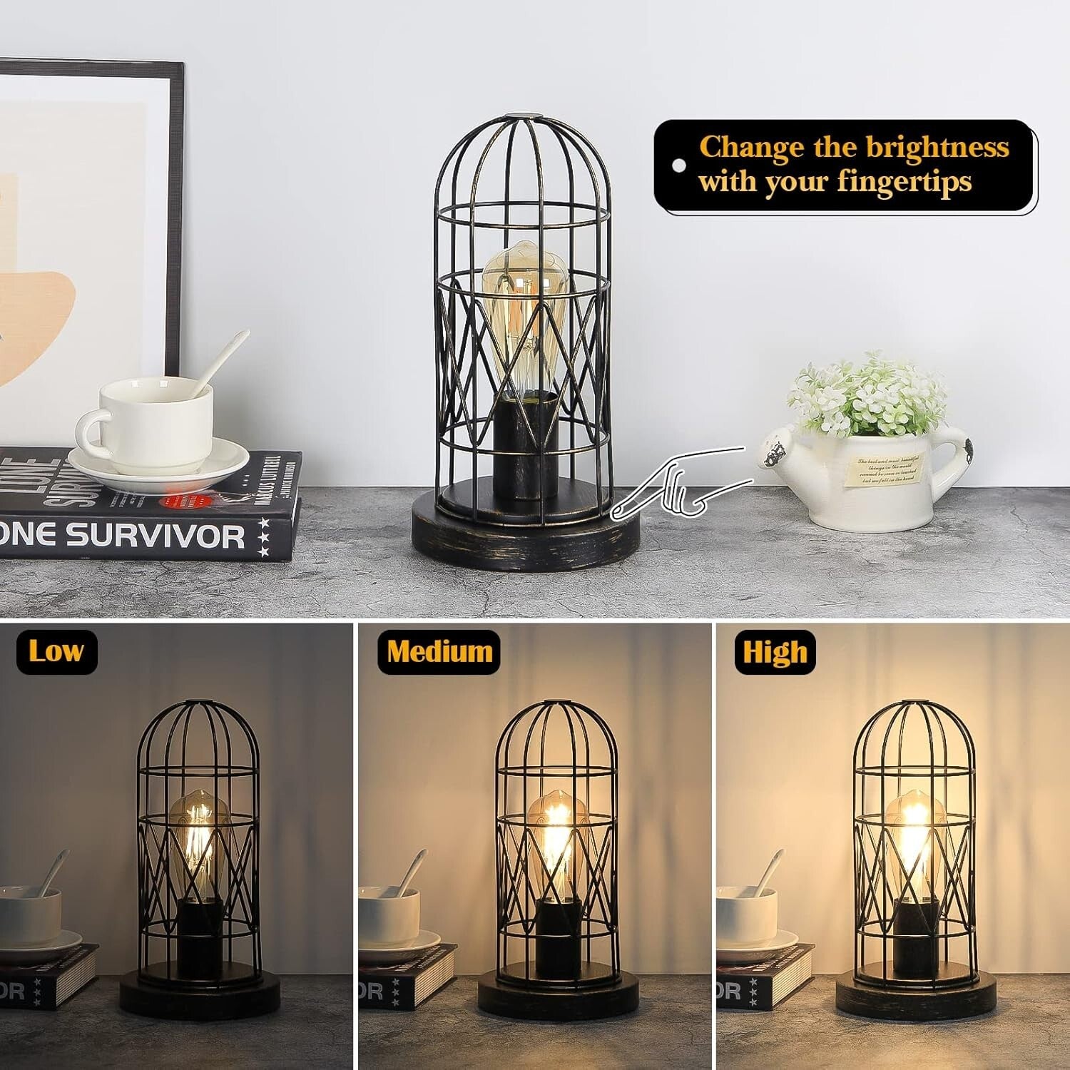 Industrial Touch Table Lamp with Dimmable 3-Way Control - Vintage Cage Design