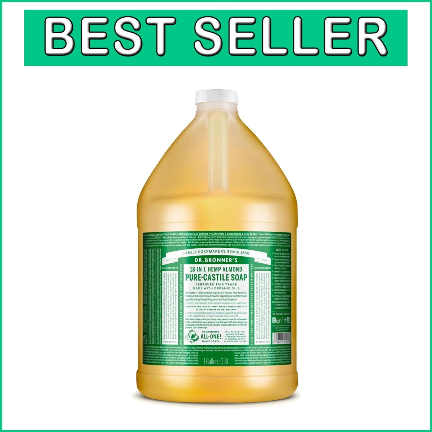 1 Gallon Pure-Castile Vegan Soap with Almond - Sustainable & All-Purpose Cleaner