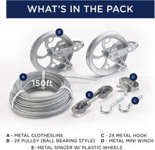 Load image into Gallery viewer, Energy-Saving 150ft Outdoor Clothesline Kit - PVC Coated Steel Wire with Pulleys