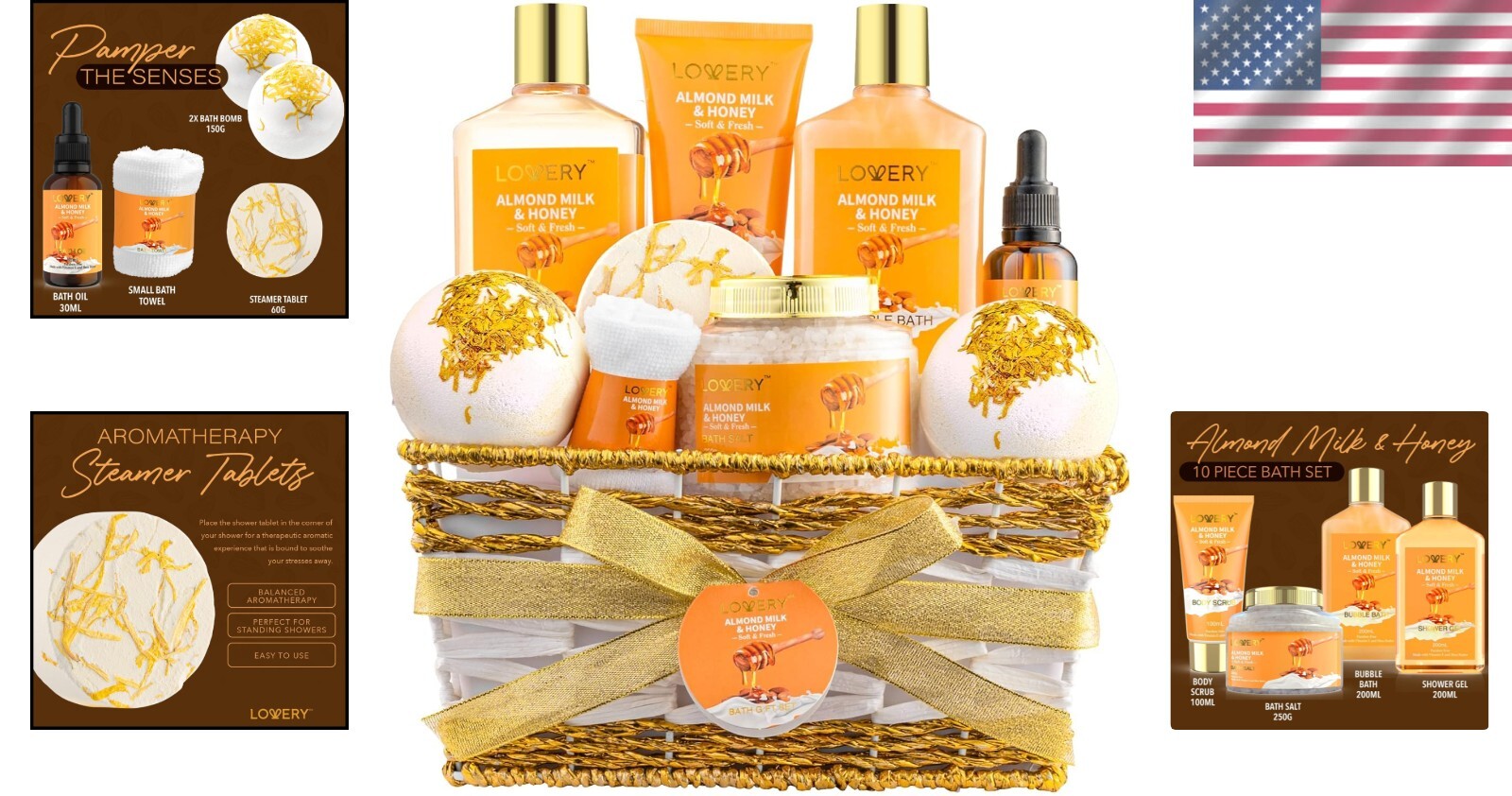 Elegant Spa Gift Set for Women - 10 Pc Almond Milk & Honey Pampering Essentials