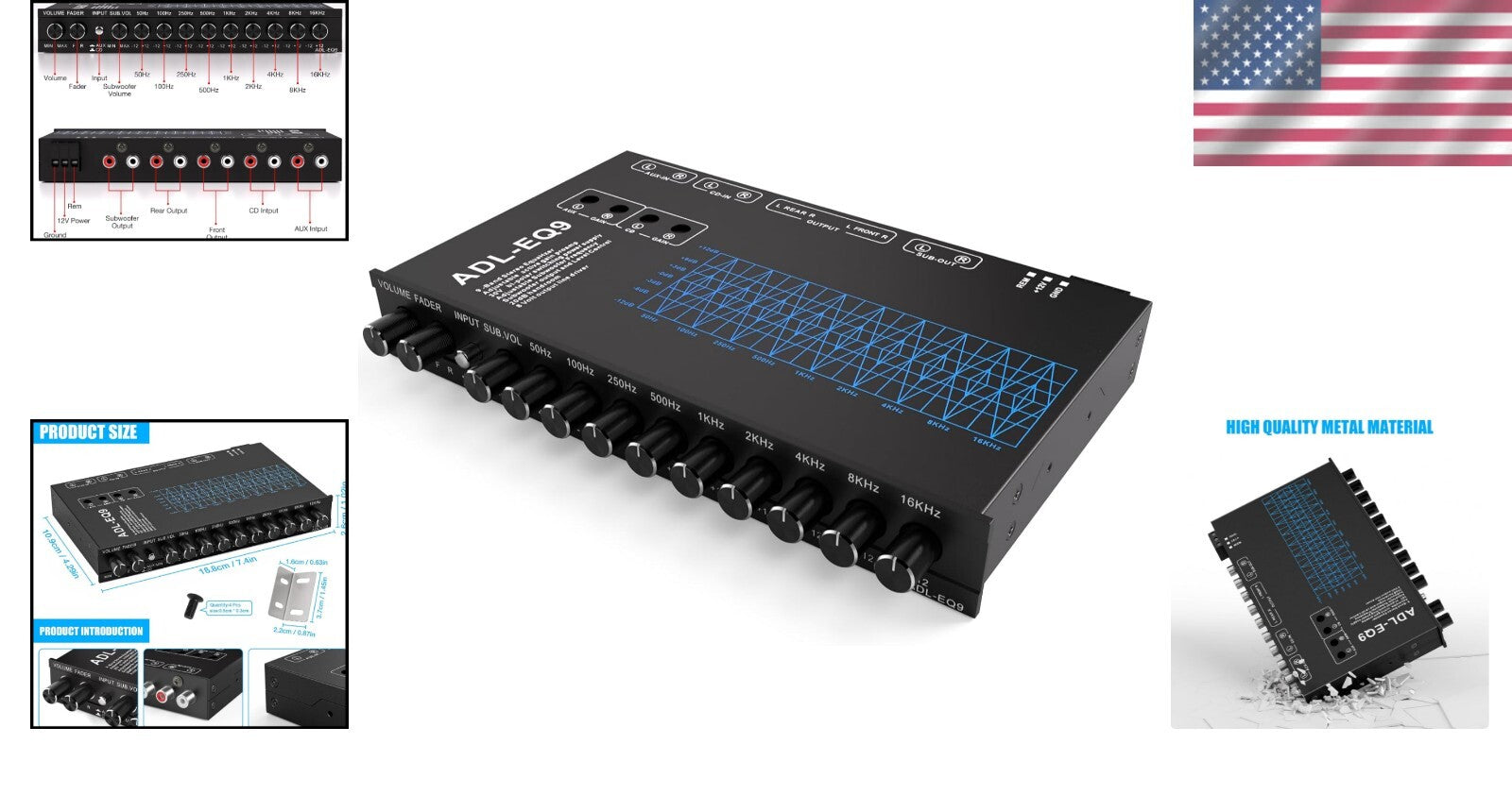 Adjustable 9-Band Car Equalizer with CD/AUX Input & White Light Illumination