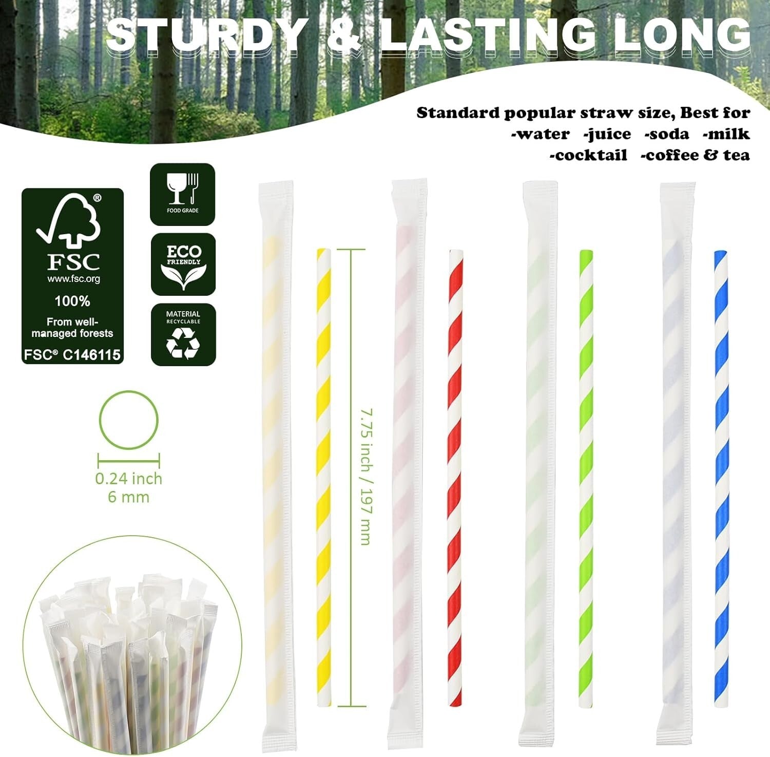 Bulk Biodegradable Paper Drinking Straws - 1000 Individually Wrapped Assorted...