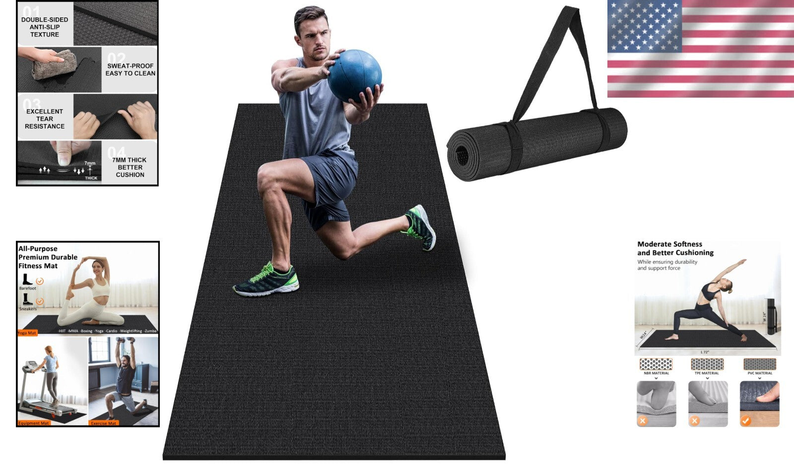 Eco-Friendly Large Workout Mat 6'x2' & 6'x4' - Heavy-Duty with Lifetime Warranty
