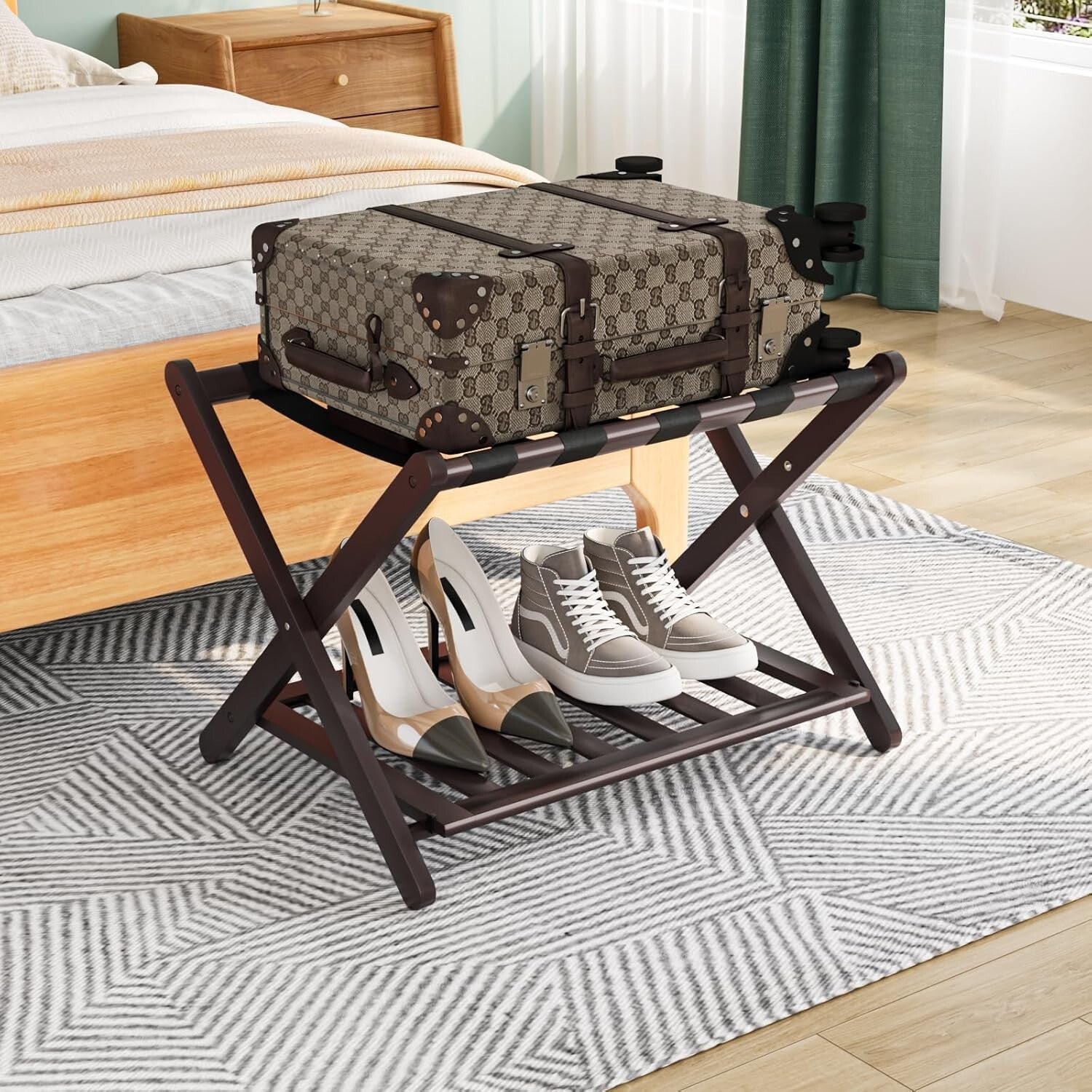 Fully Assembled Bamboo Luggage Rack with 5 Straps - Modern Guest Room Essentials