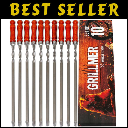 Premium 23.6" BBQ Skewers with Wooden Handles - Set of 10 for Elevated Grilling