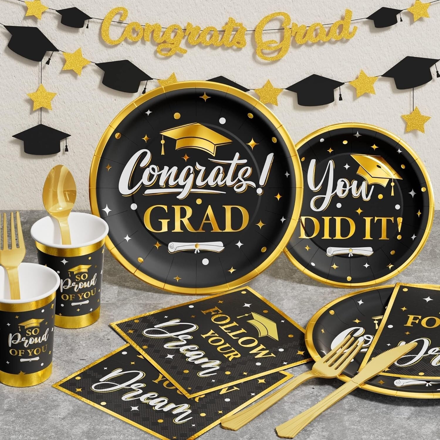 Elegant Black & Gold Graduation Party Dinnerware - 350PCS Serves 50 Perfectly