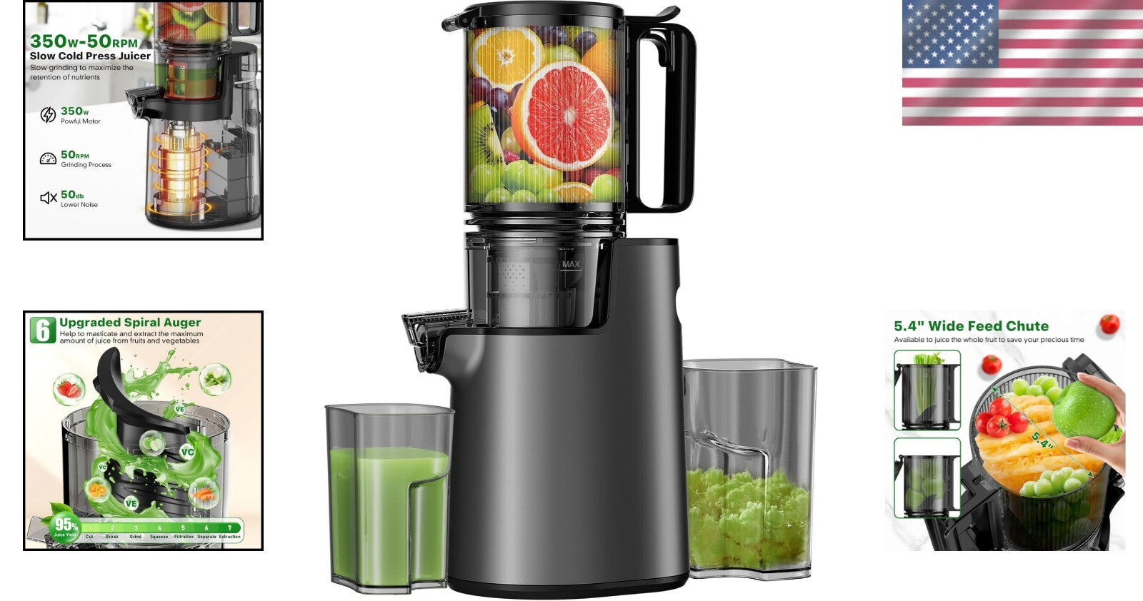 Efficient & Safe Masticating Juicer - 1.6L Capacity Cold Press Juicer in Black