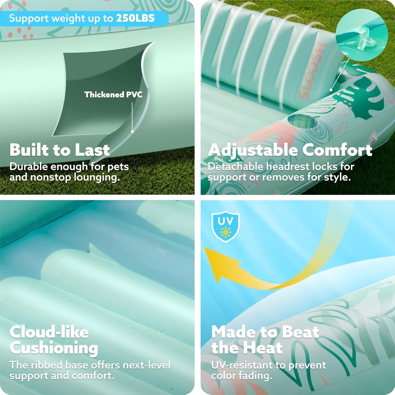 Elegant Aqua Blue Inflatable Tanning Pool Float with 2 Cup Holders - Large Size