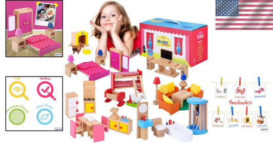 Wooden Dollhouse Furniture Set – 49PCS, 7 Rooms for Kids’ Creative Adventures