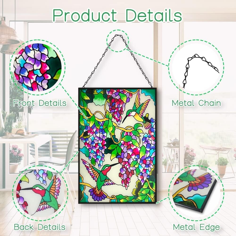 Unique 10" W x 15" H Hummingbird Stained Glass with Hanging Chain - Ideal Gift
