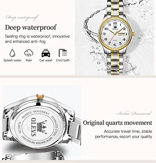 Elegant Women's Stainless Steel Waterproof Watch - Gold & Silver Large Dial
