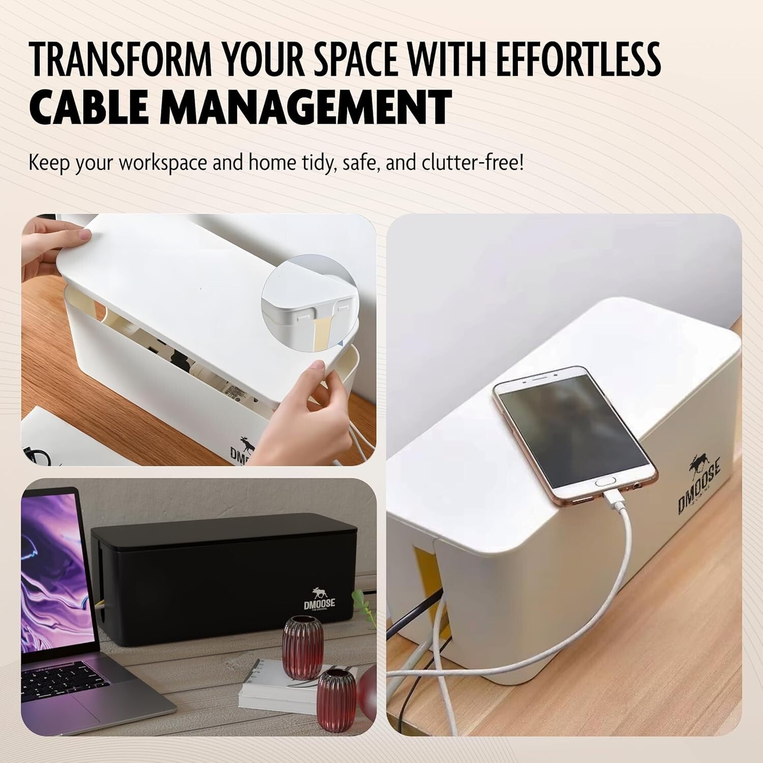 Stylish 2-Pack Desk & Floor Cable Management Boxes - Dust and Spill Protection