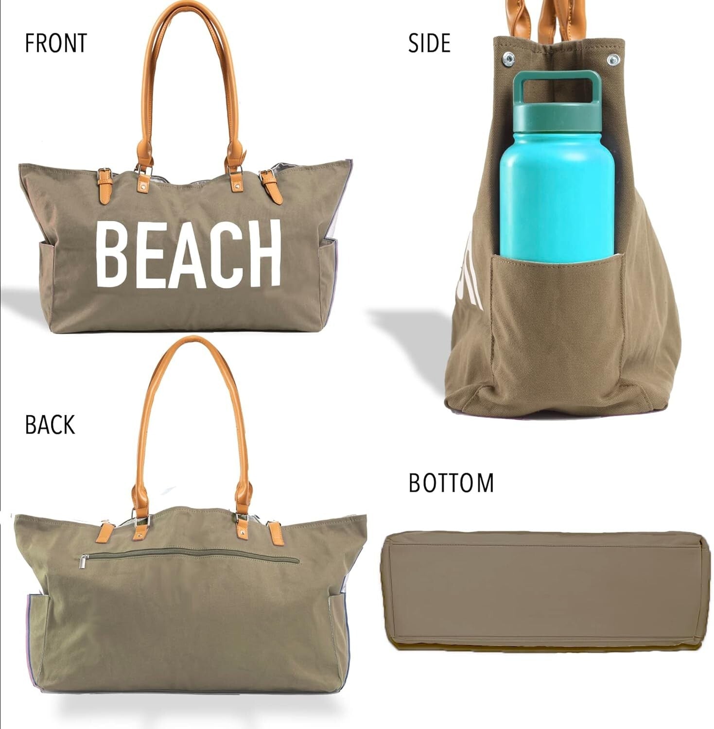 Stylish Waterproof Beach Bag with Vegan Leather Handles - Sandproof Design