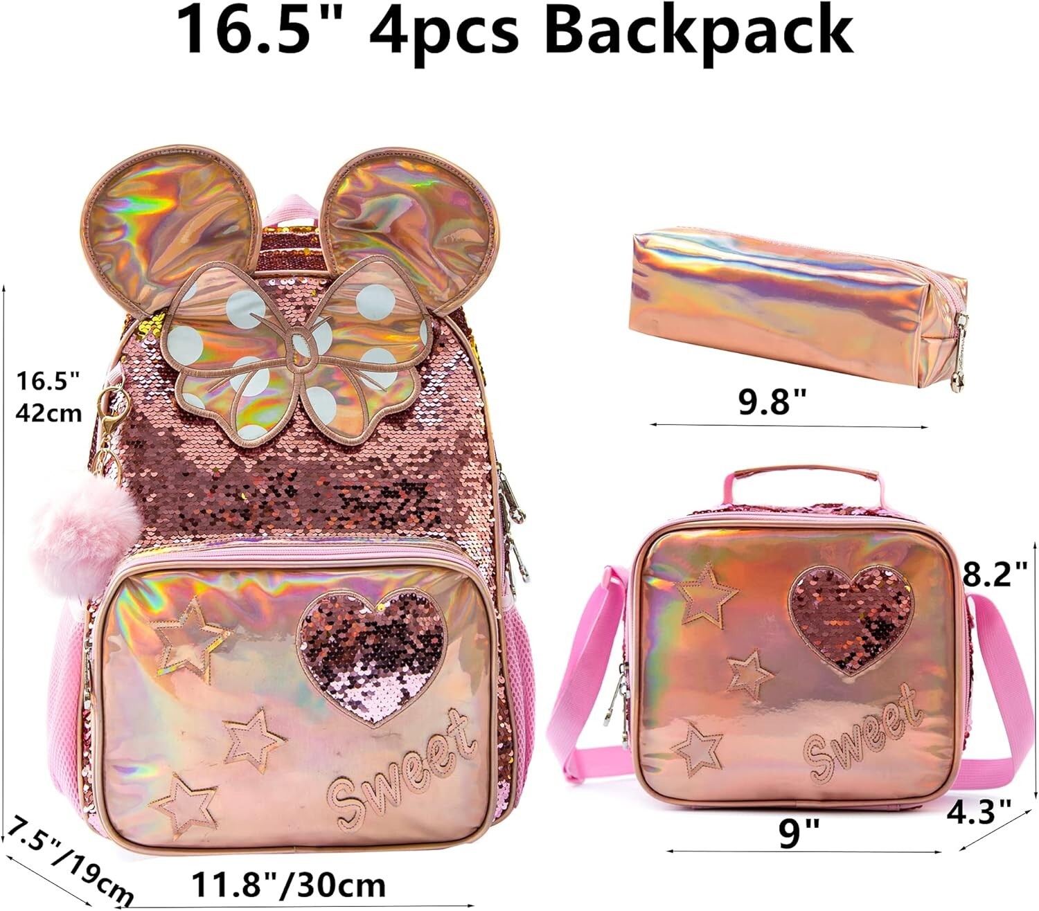 Cute Adjustable Sequin Backpack Set for Girls - Includes Lunch Box & Pencil Case
