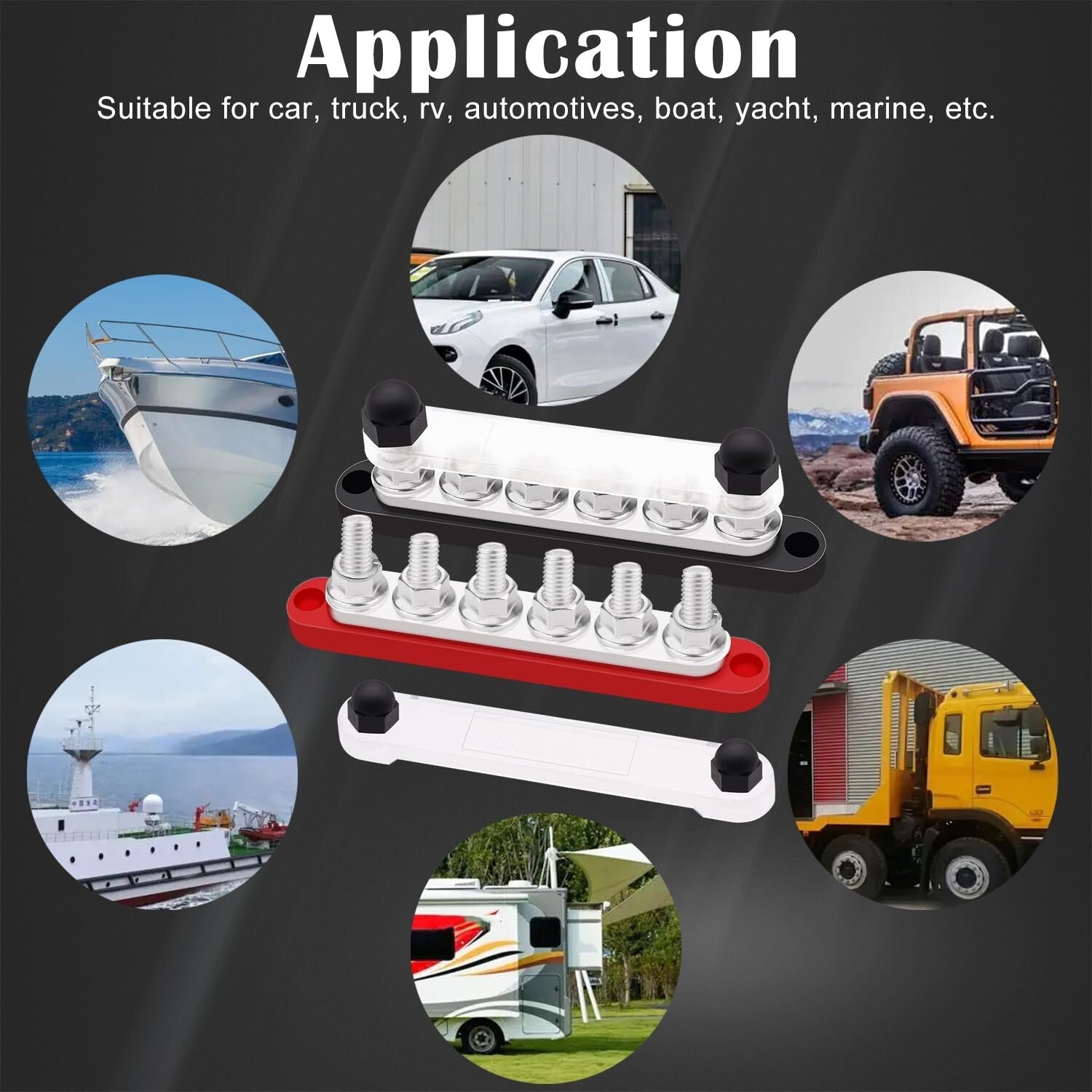 12V-48V Bus Bar with 6 M10 Terminal Studs - Includes Battery lugs & Heat Shrink