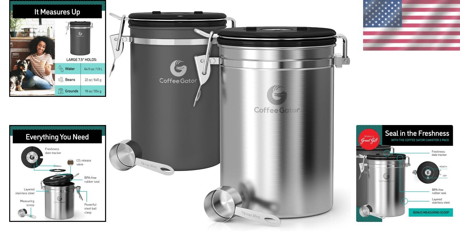 2-Pack Airtight Stainless Steel Coffee Canisters with Date-Tracker and Scoop