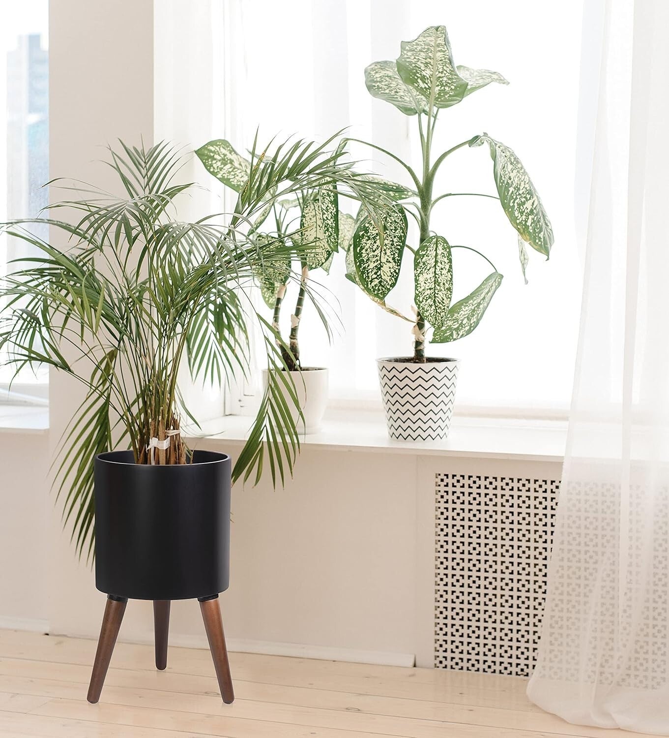 Elegant 12 Inch Indoor Planter Pot with Drainage and Stylish Wooden Stand