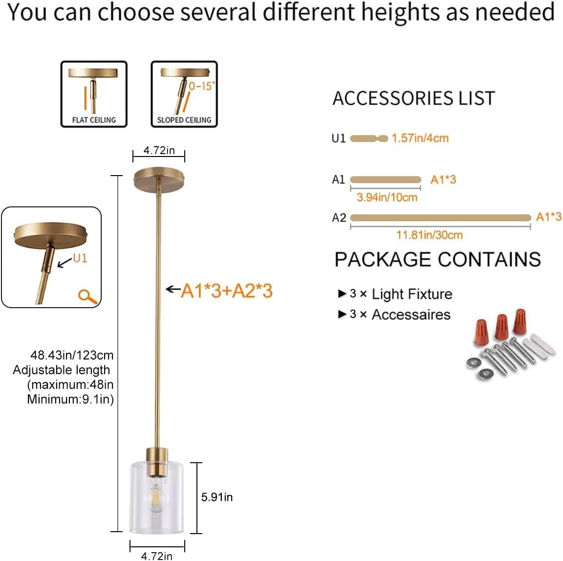 Height-Adjustable Brass Pendant Light Fixtures with Clear Glass Shade - 3 Units