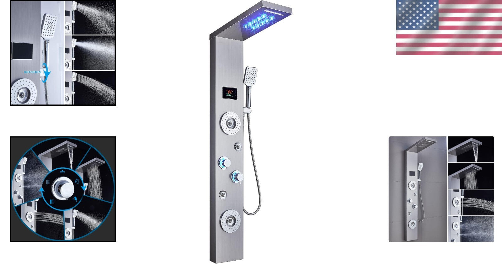 Brushed Nickel Shower Panel with LED Rainfall Design - Multi-Function & Elegant