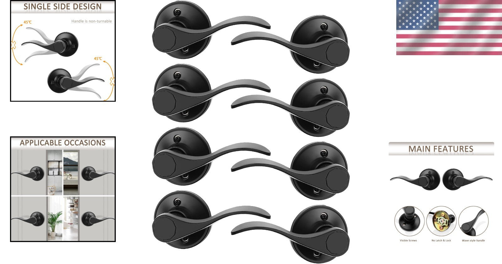 8 Pack Contemporary Wave Style Dummy Door Handle Set in Elegant Black Finish