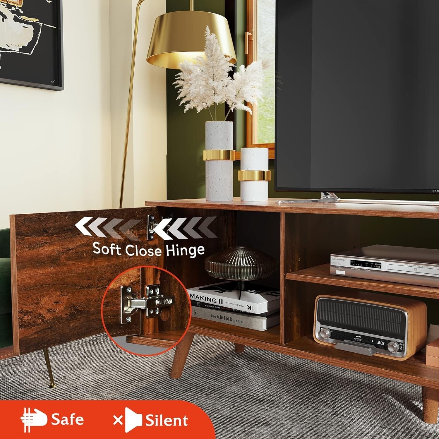 Durable Mid-Century Modern TV Stand for 50-60 Inch TVs with Storage Solutions
