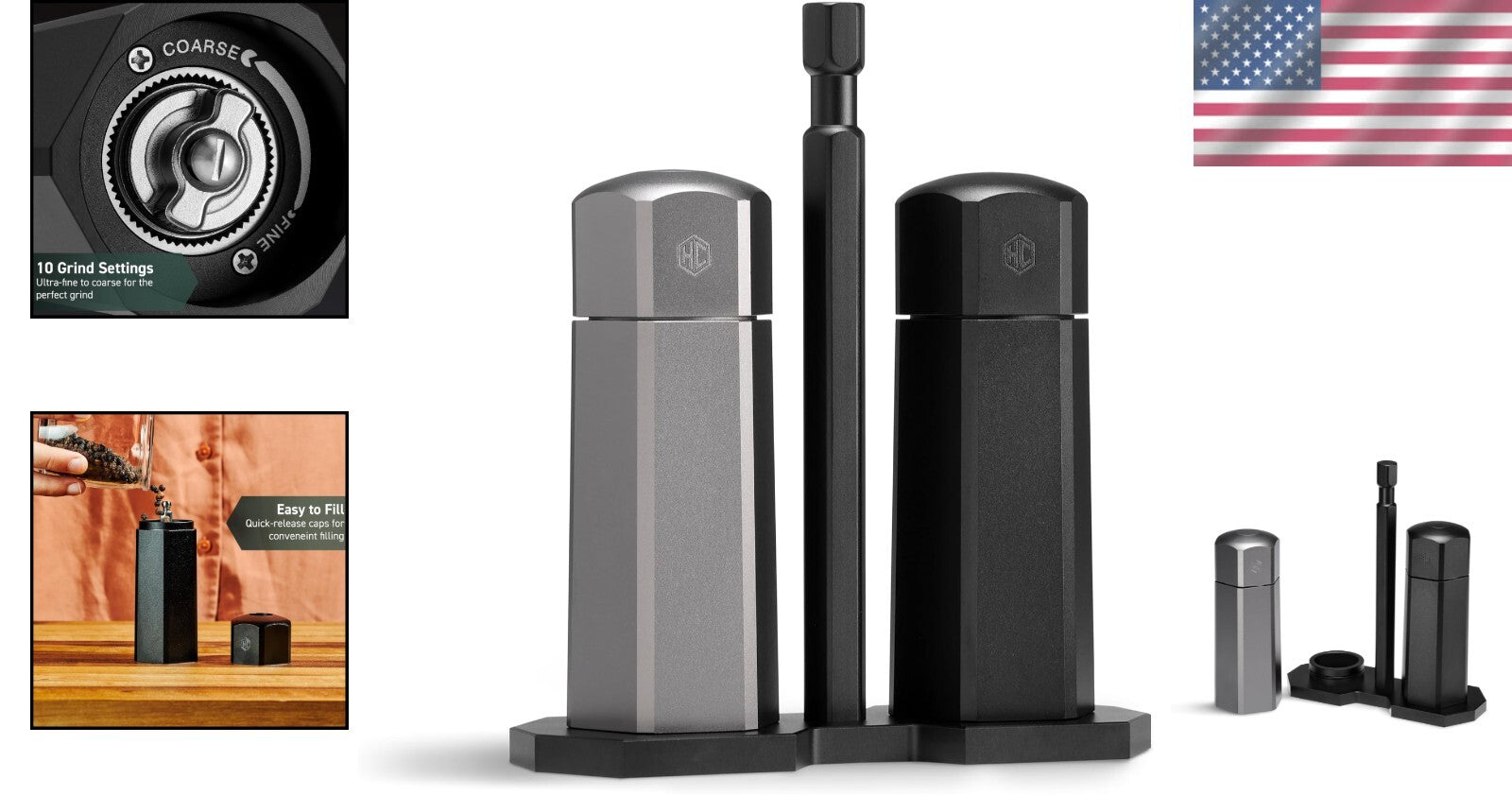 Premium Stainless Steel Salt and Pepper Mill Set with Adjustable Burr Grinder