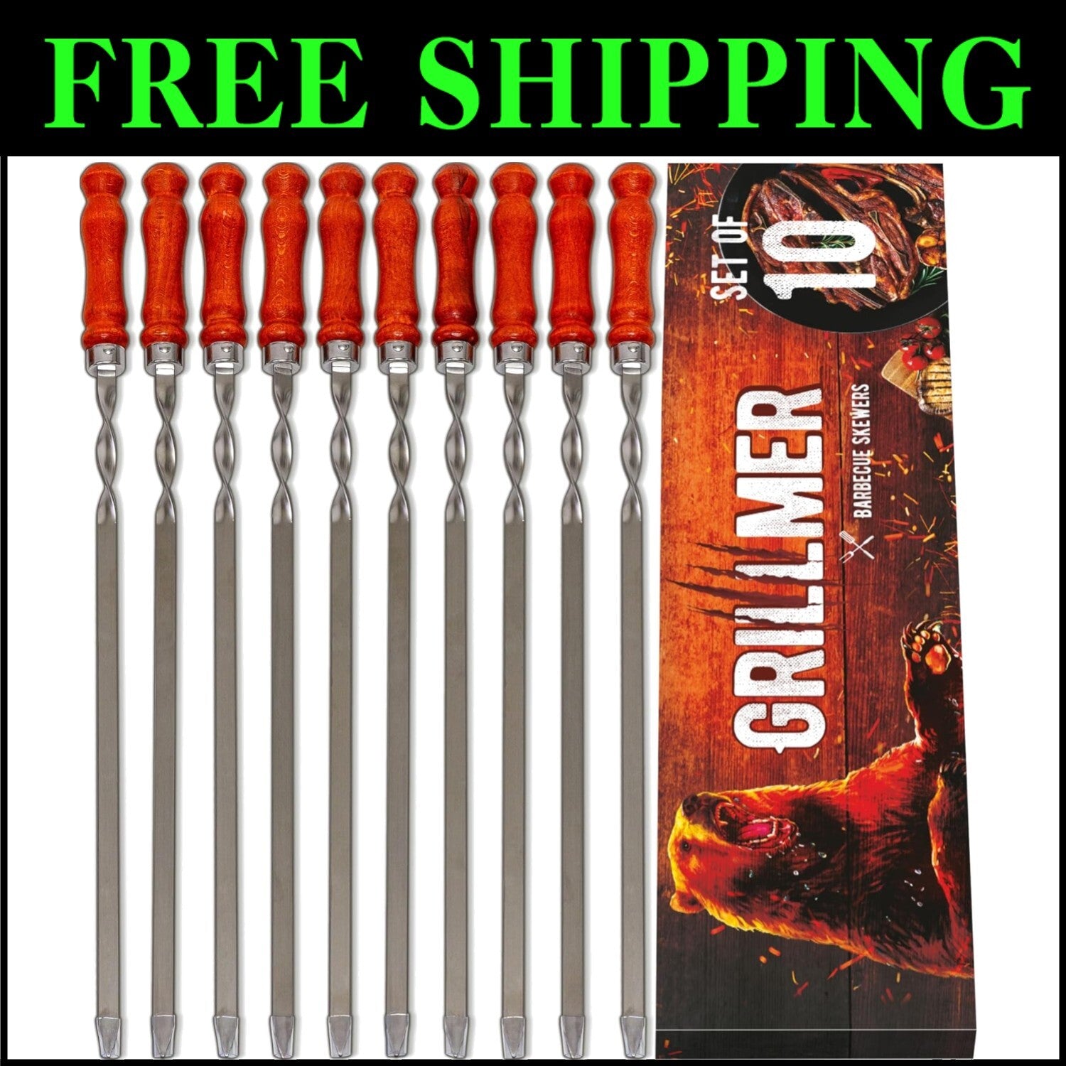 Extra Long 23.6-Inch Flat BBQ Skewers - Durable Stainless Steel & Wooden Handles