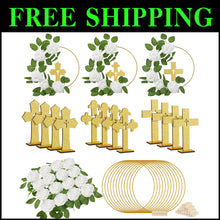 Load image into Gallery viewer, 48 Pcs Gold &amp; White Baptism Centerpieces: Wood Crosses, Floral Hoops &amp; Roses
