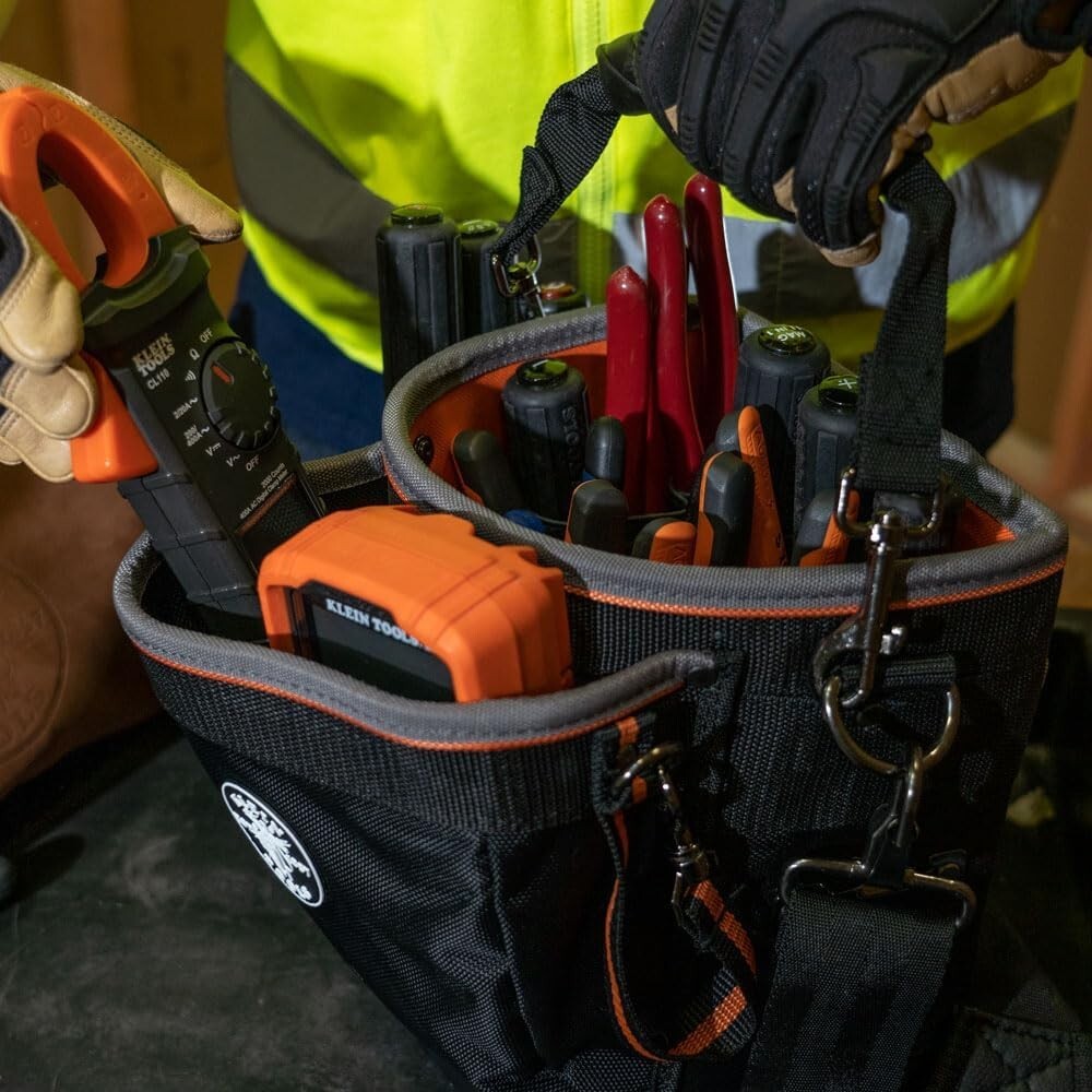 Durable Tool Bag with 14 Pockets and Comfort Shoulder Strap - Black & Orange
