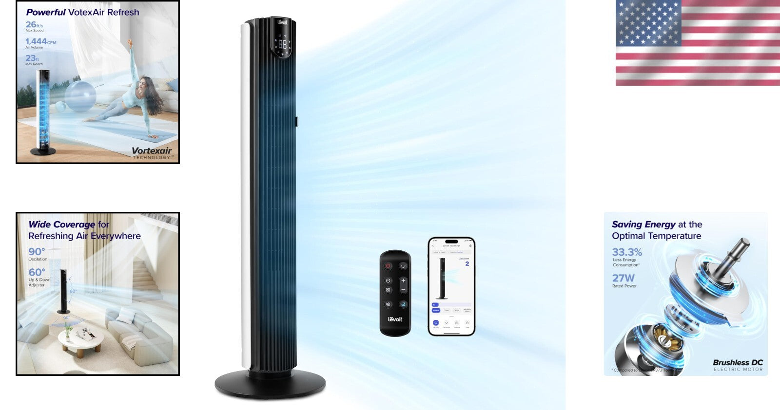 26ft/s Smart Tower Fan - Wi-Fi Enabled with Remote Control & App Integration