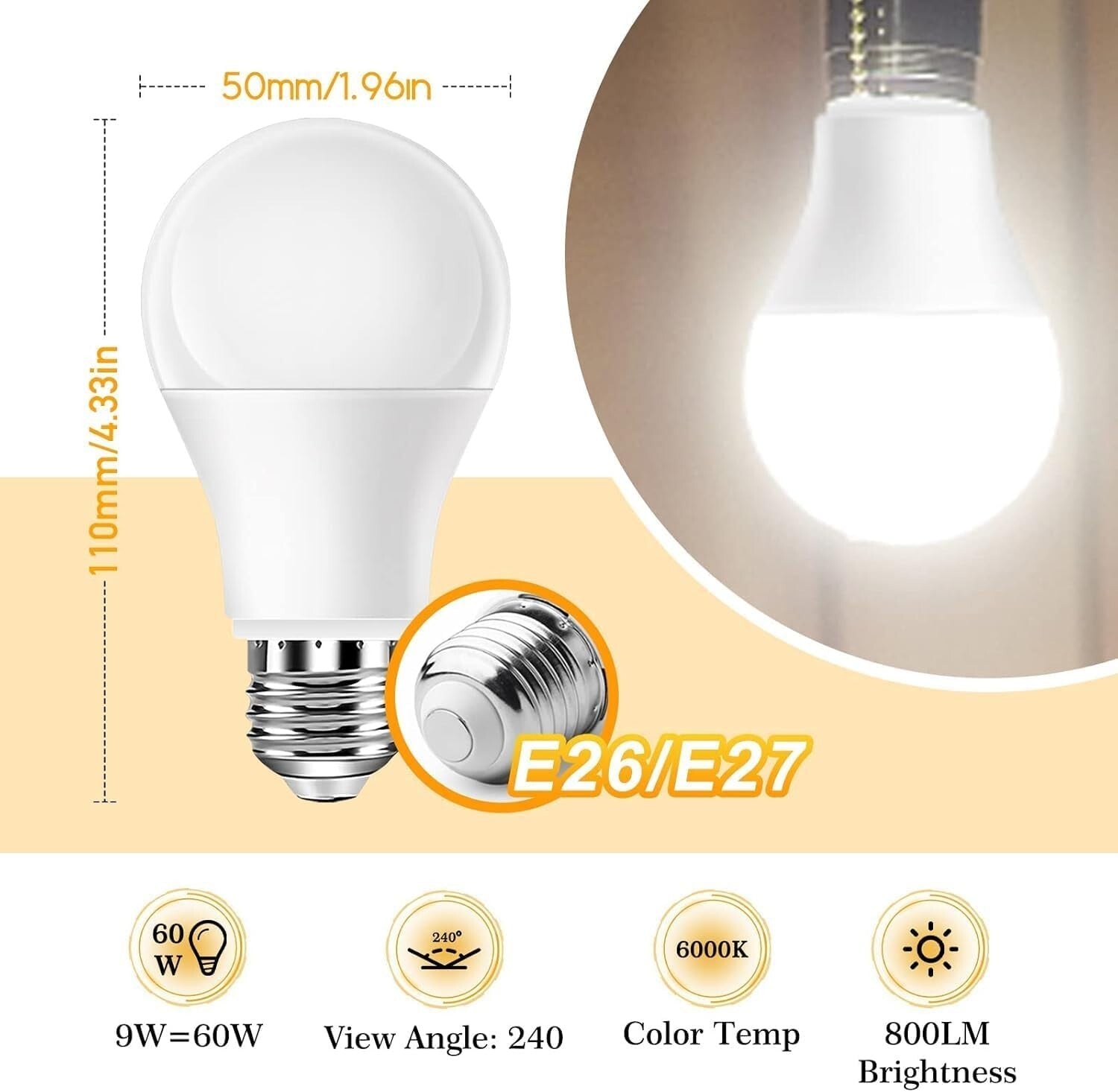 6000K Bright White LED Light Bulbs - 9W Energy Efficient A19, E26 Base, 6 Pack