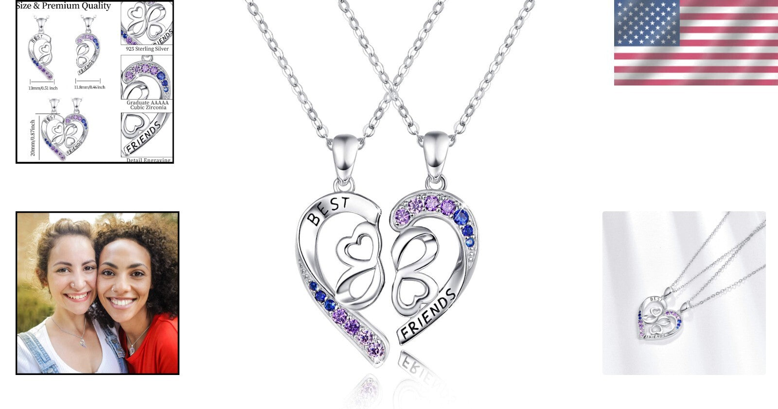 Charming Best Friend Necklaces in Sterling Silver with Heart and Gemstone Detail