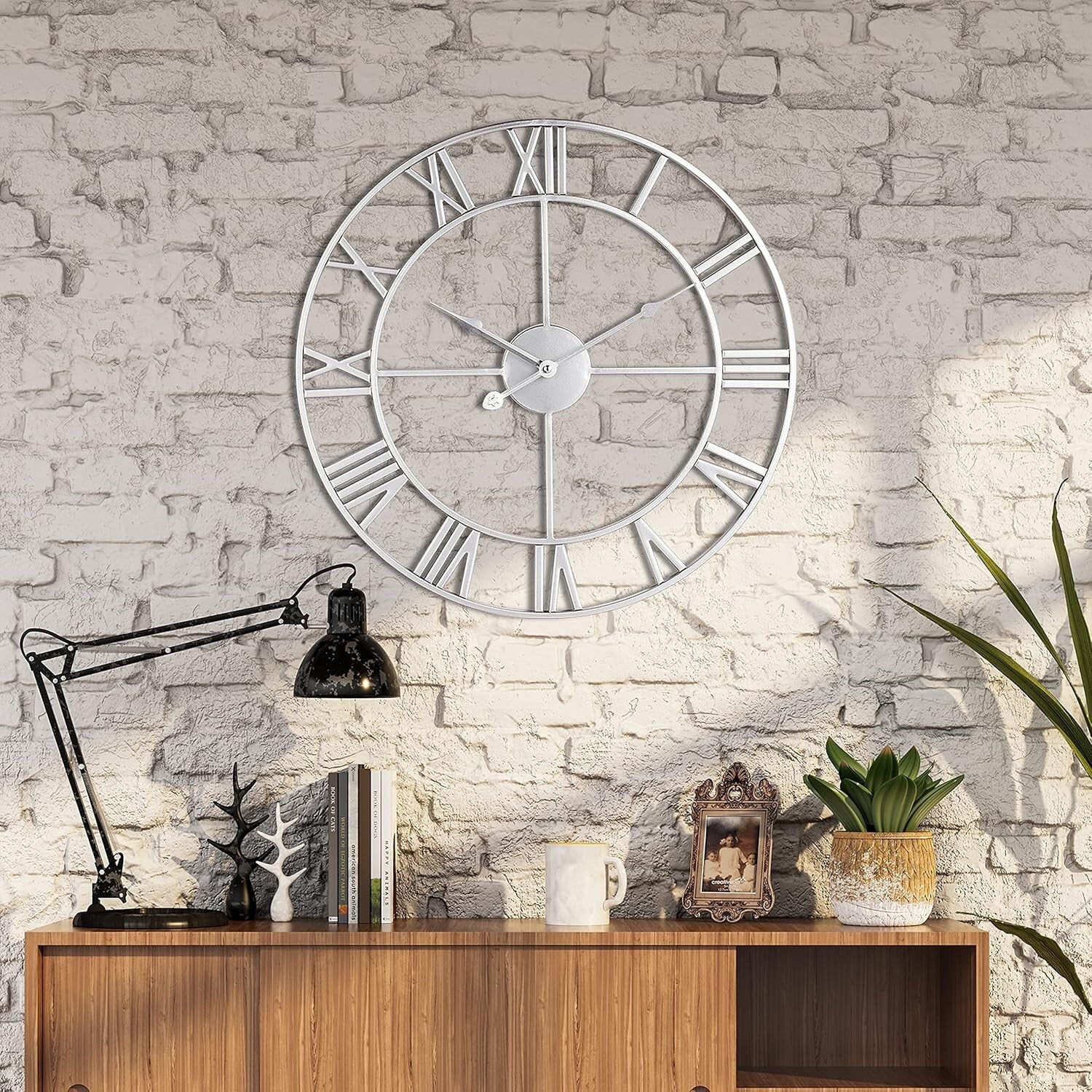 Elegant 18-Inch Retro Roman Numeral Wall Clock - Almost Silent Silver Decor
