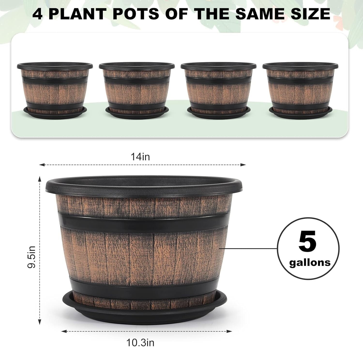 Elegant 14" Round Resin Flower Pots - 5-Gallon Whiskey Barrel Planter Design