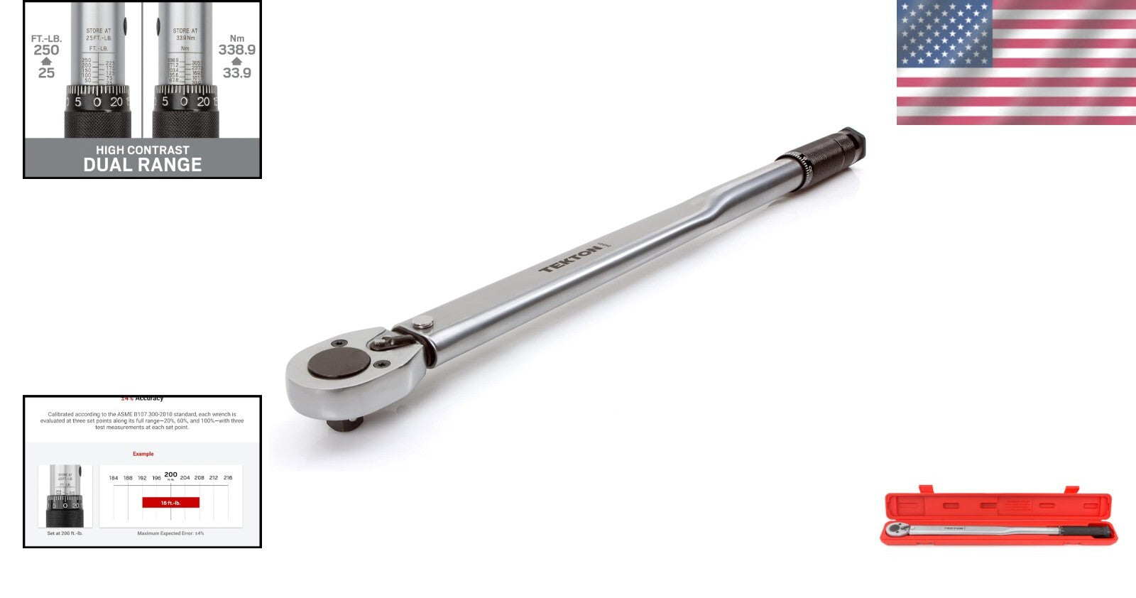 High-Contrast Torque Wrench, 1/2 Inch Drive, 25-250 ft.-lb. with Click Feedback