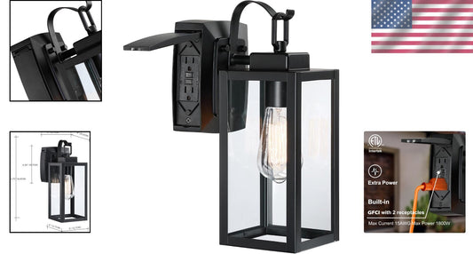 ETL Listed Outdoor Sconce - Matte Black Design with GFCI Outlet & Glass Shade
