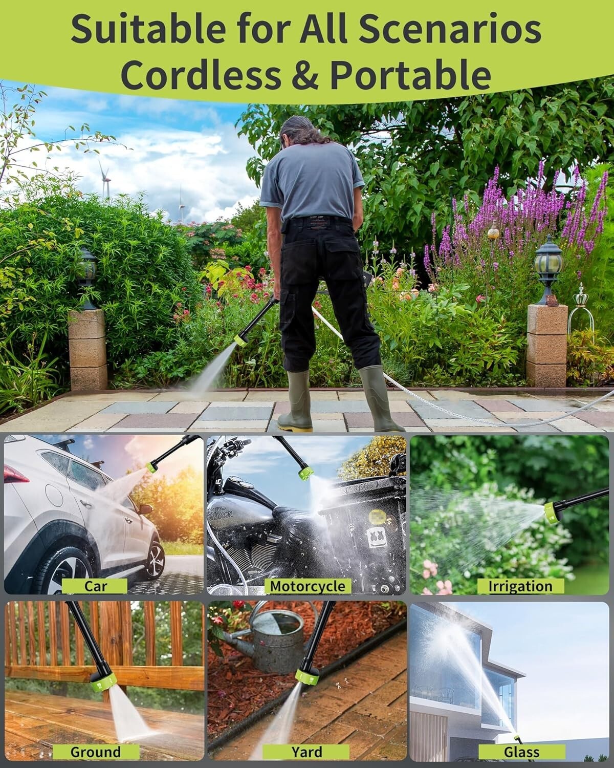 Portable 990 PSI Battery Pressure Washer with 23ft Hose and 6-in-1 Spray Options