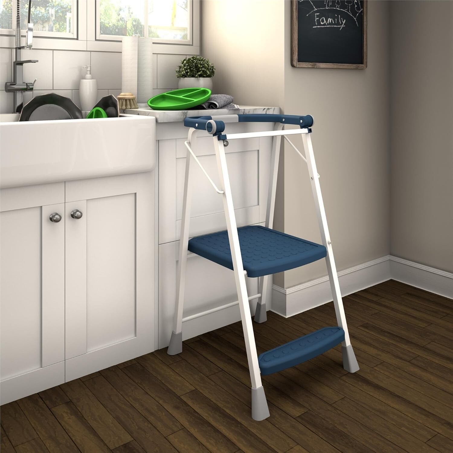 Family-Friendly 2-Step Folding Stool with Slip-Resistant Platform and Snack Tray