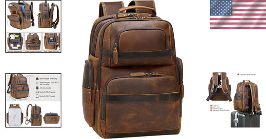 Vintage Leather 15.6" Laptop Backpack - Large Capacity Business Travel Bag