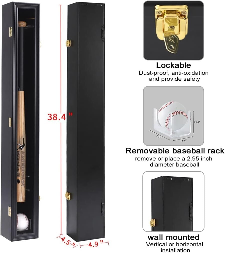Elegant Baseball Bat Display Case with Wooden Frame & UV Protection - Wall Mount