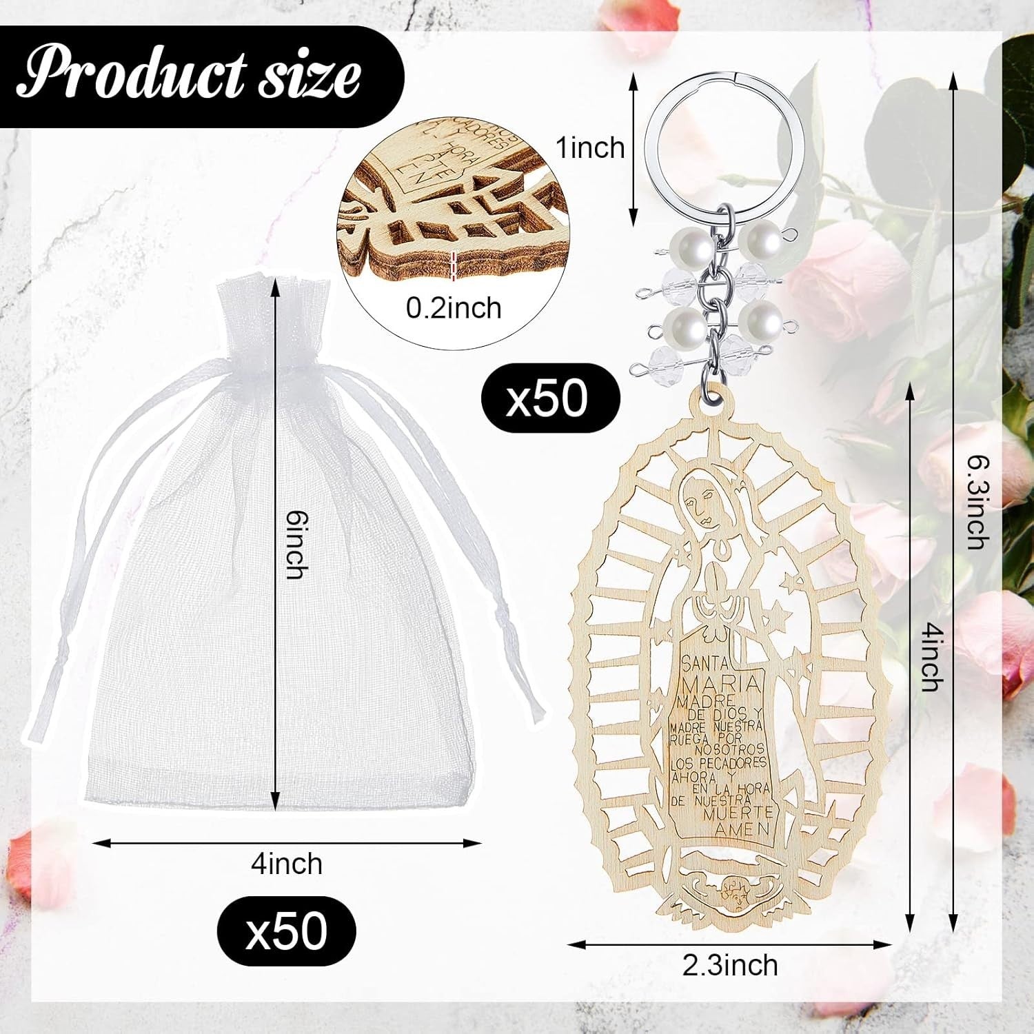 Set of 50 Our Lady of Guadalupe Wood Keychains in Organza Bags for Baptism