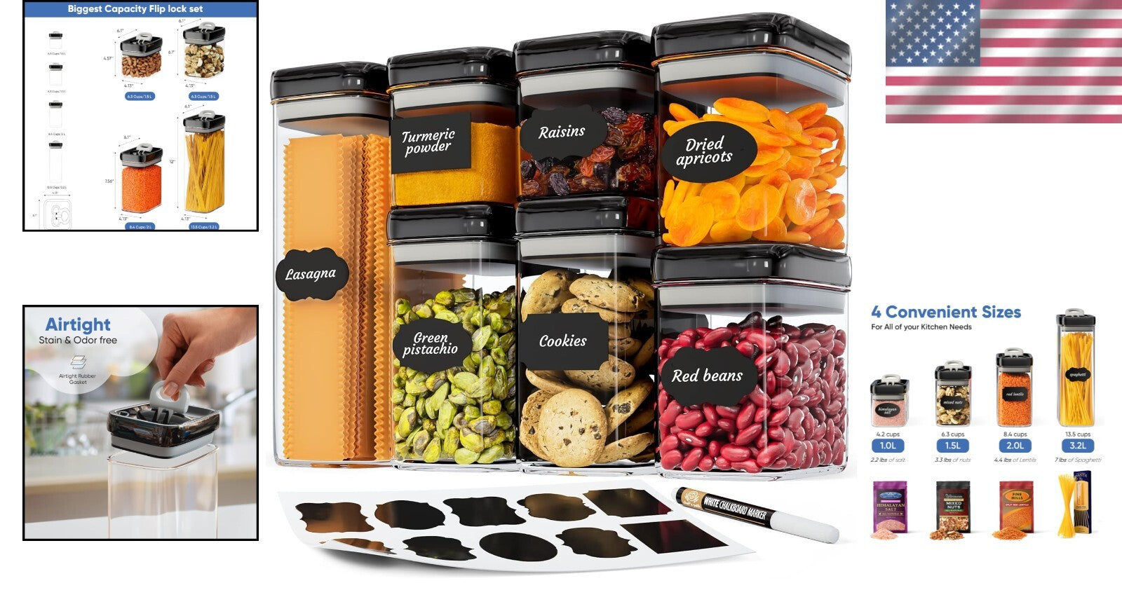 BPA-Free Kitchen Canisters - Extra Volume Airtight Containers with Flip Tops