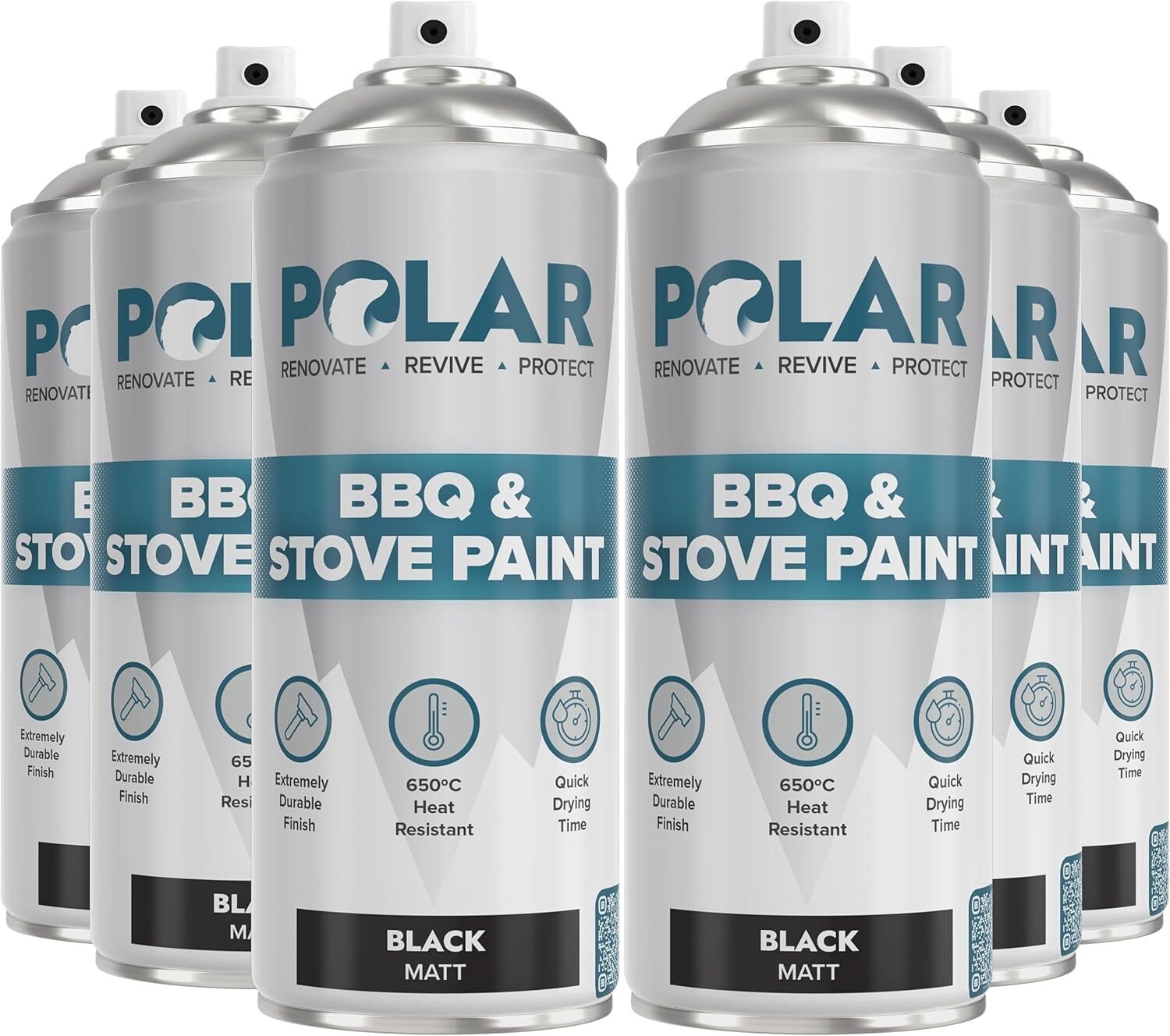 Polar BBQ Spray Paint - Matte Black - Heat Resistant Up to 650°C, Pack of 6