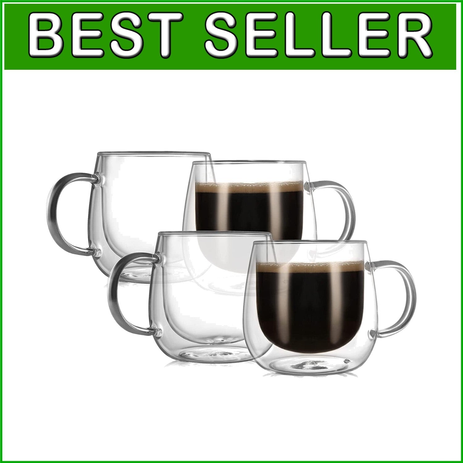 Lightweight & Durable Double Wall Coffee Mugs - 10oz Borosilicate Glass (4-Pack)